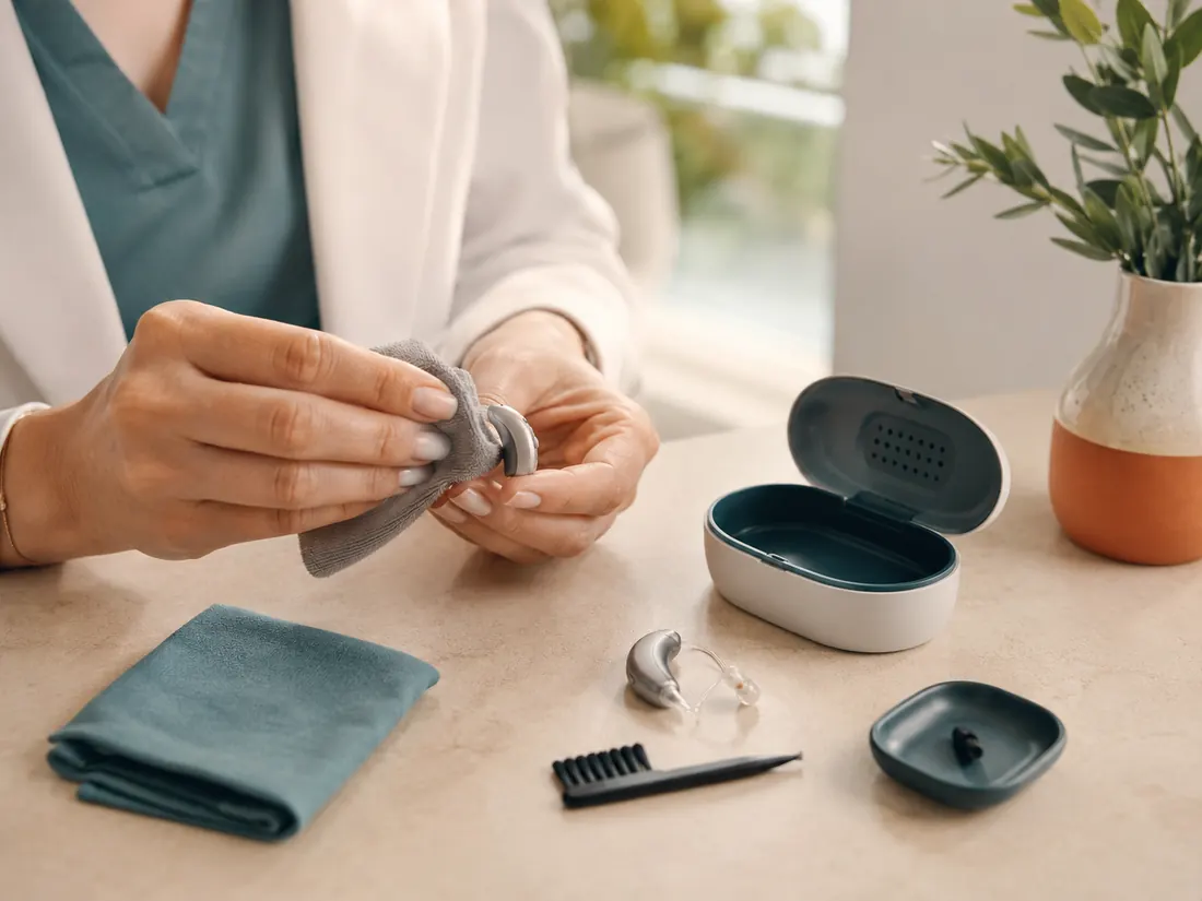 Profesional de SEBI limpiando un audífono con accesorios de mantenimiento y un estuche deshumidificador sobre una mesa