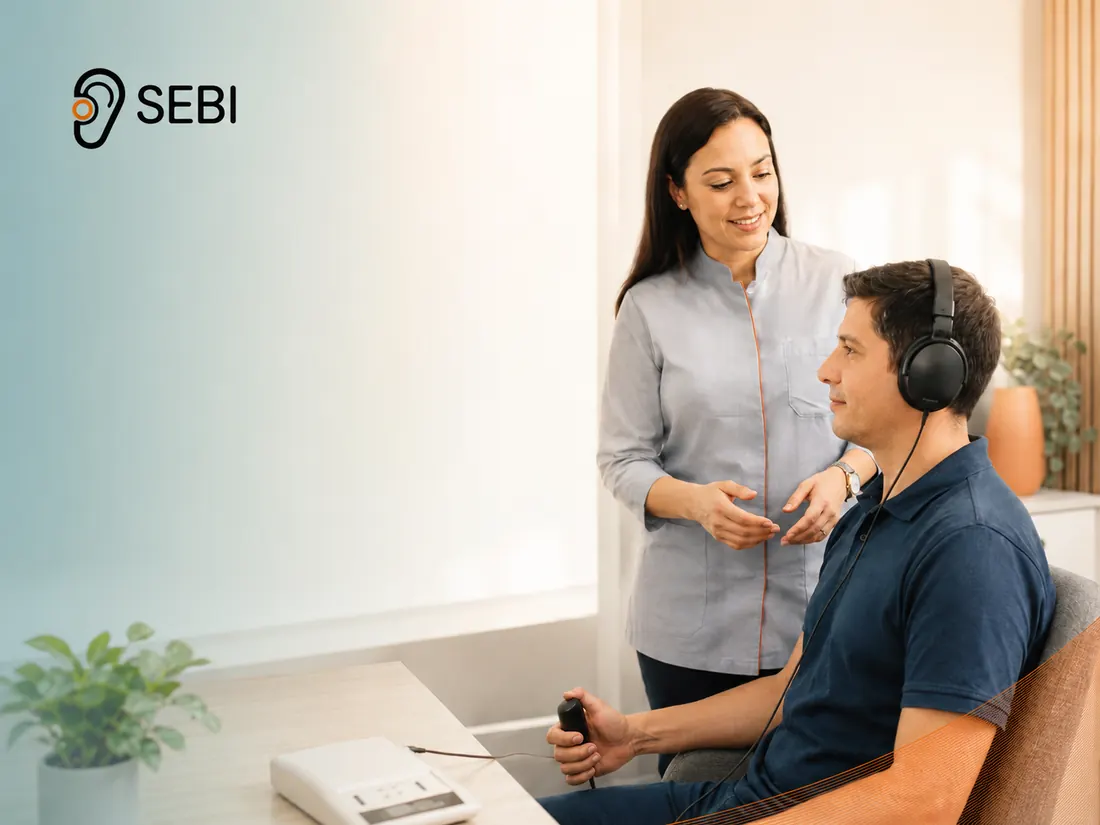 Audióloga profesional de SEBI realizando una audiometría a un colaborador con audífonos de prueba en un entorno moderno