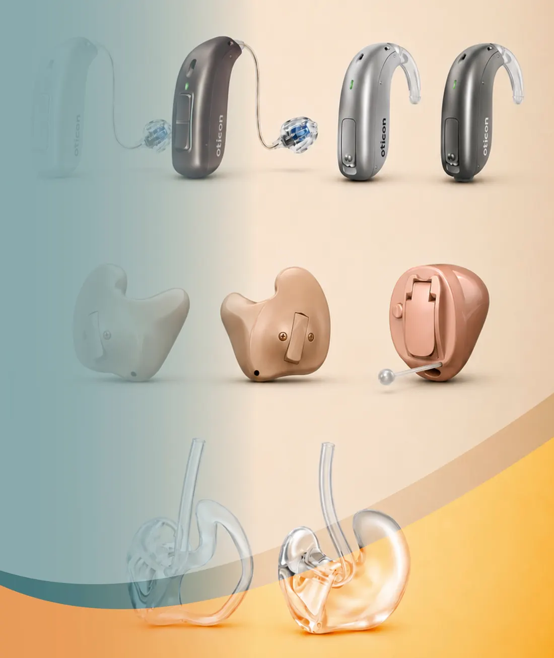Diferentes tipos de audífonos: retroauriculares, intraauriculares y moldes a medida